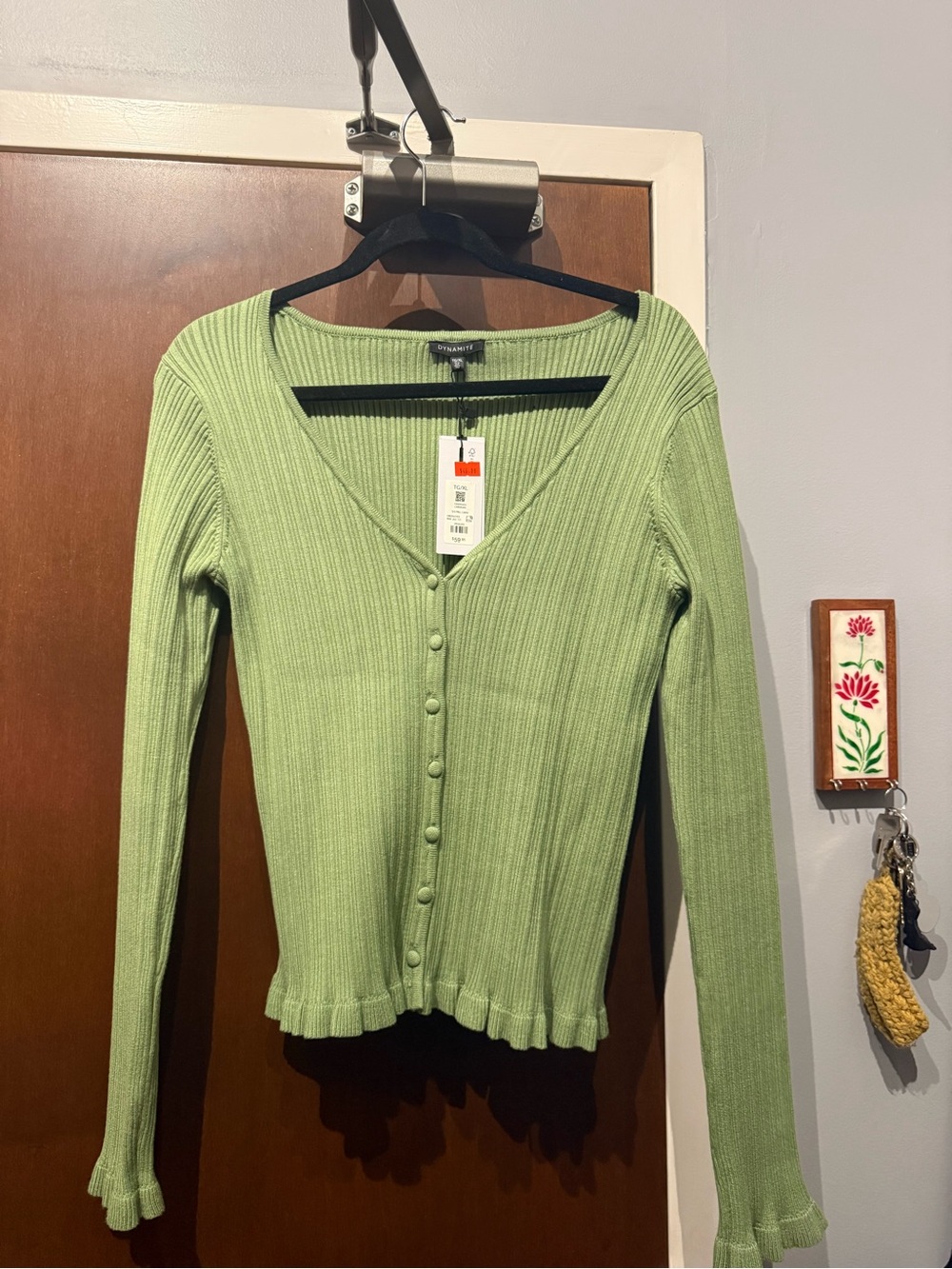 Dynamite Green Ribbed Button-Front Long Sleeve Top - Picture 3 of 3